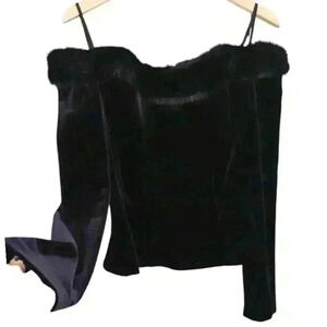 dressbarn collection Faux Fur Neckline Off Shoulder Black Velvet Long Sleeve Top